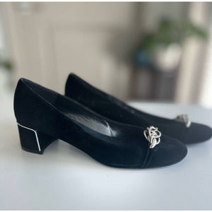 Stuart Weitzman Black Suede Block Heel Silver Decal Sz. 8N